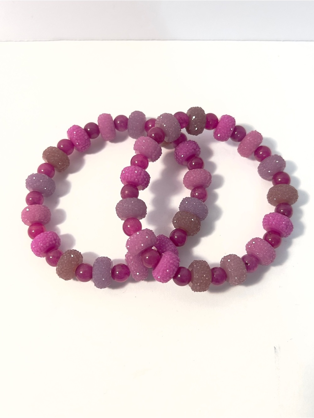 Handmade Pink and Purple Druzy Beaded Stretch Bracelets Set